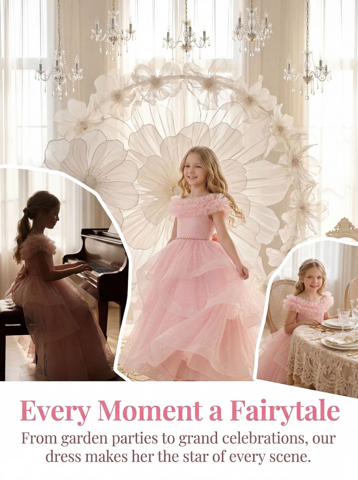 Wholesale Girls Feather Trim Flower Girl Dress – Tulle Party Gown - Dresses