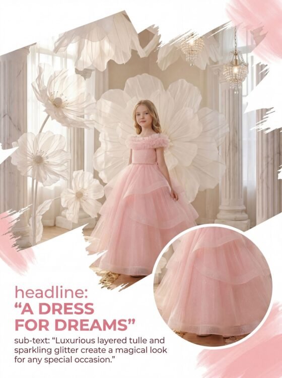 Wholesale Girls Feather Trim Flower Girl Dress – Tulle Party Gown - Dresses