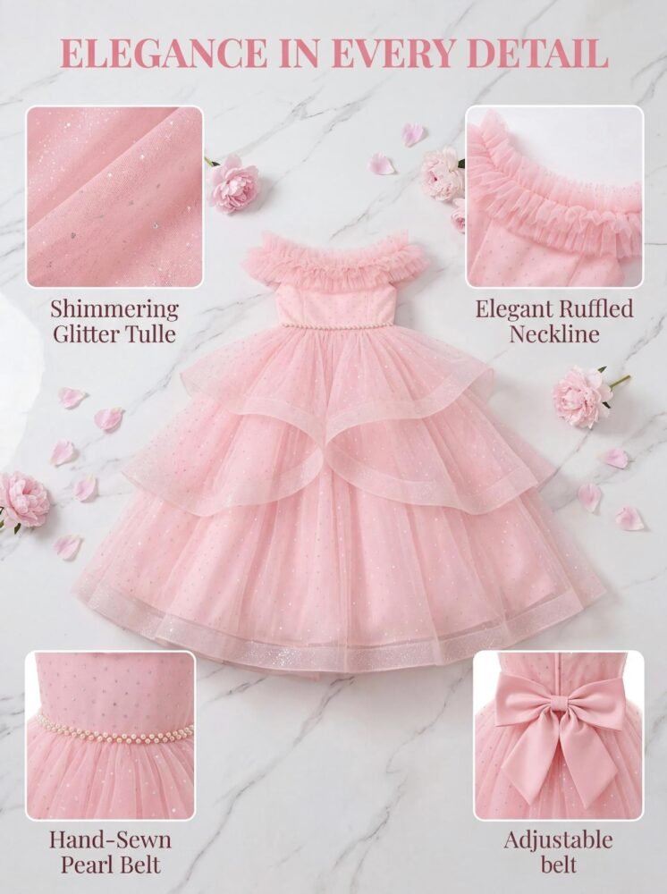 Wholesale Girls Feather Trim Flower Girl Dress – Tulle Party Gown - Dresses