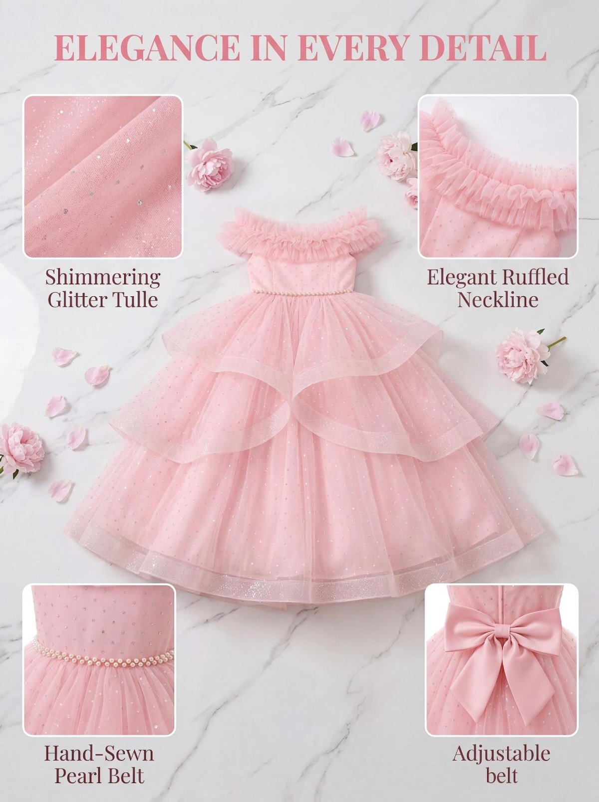 Wholesale Girls Feather Trim Flower Girl Dress – Tulle Party Gown - Dresses