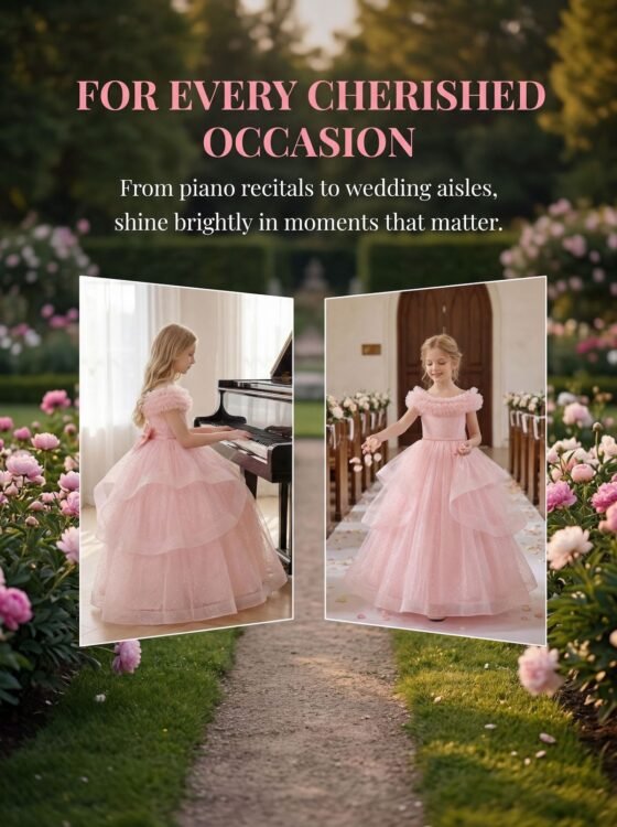 Wholesale Girls Feather Trim Flower Girl Dress – Tulle Party Gown - Dresses