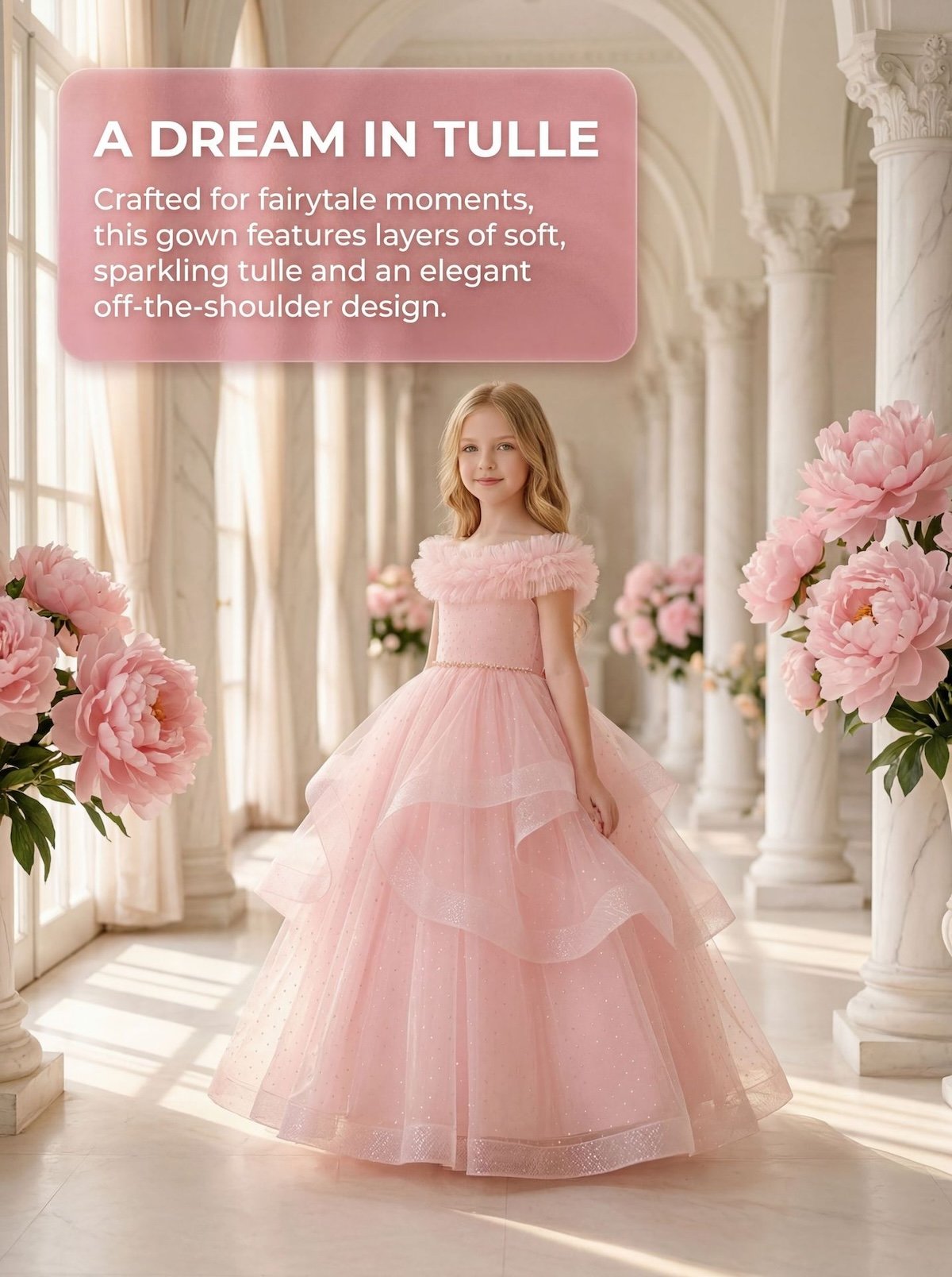 Wholesale Girls Feather Trim Flower Girl Dress – Tulle Party Gown - Dresses