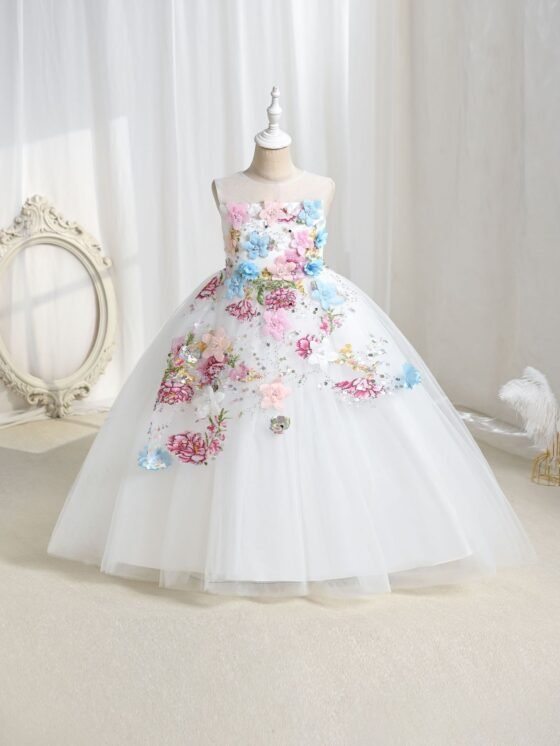Wholesale Girls Floral Sequin Princess Dress – Tulle Tutu Party Gown