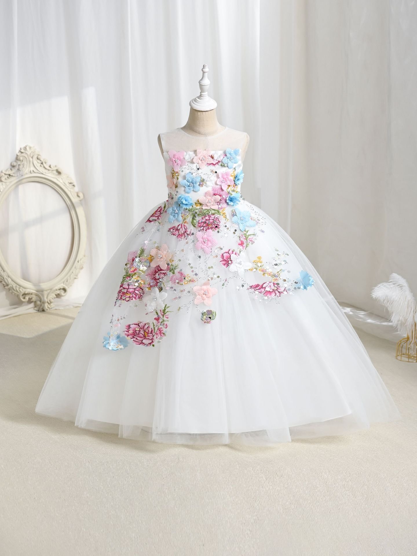 Wholesale Girls Floral Sequin Princess Dress – Tulle Tutu Party Gown