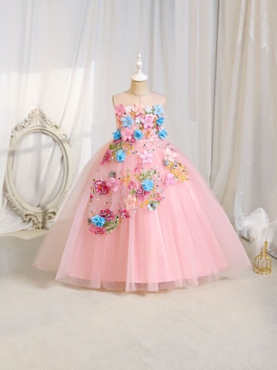 Wholesale Girls Floral Sequin Princess Dress – Tulle Tutu Party Gown