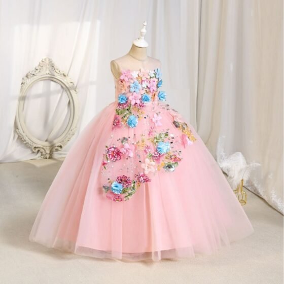 Wholesale Girls Floral Sequin Princess Dress – Tulle Tutu Party Gown