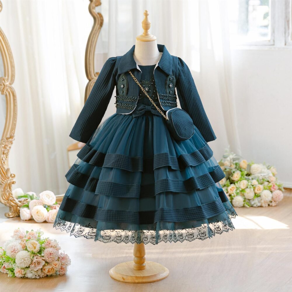 Wholesale Girls Tiered Layered Princess Dress 3 Piece Set Party Gown - Navy Blue 3-Piece Set Display