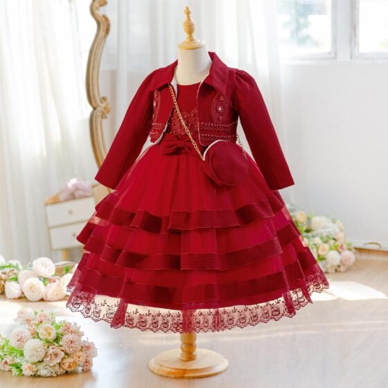 Wholesale Girls Tiered Layered Princess Dress 3 Piece Set Party Gown - Burgundy 3-Piece Set Front View