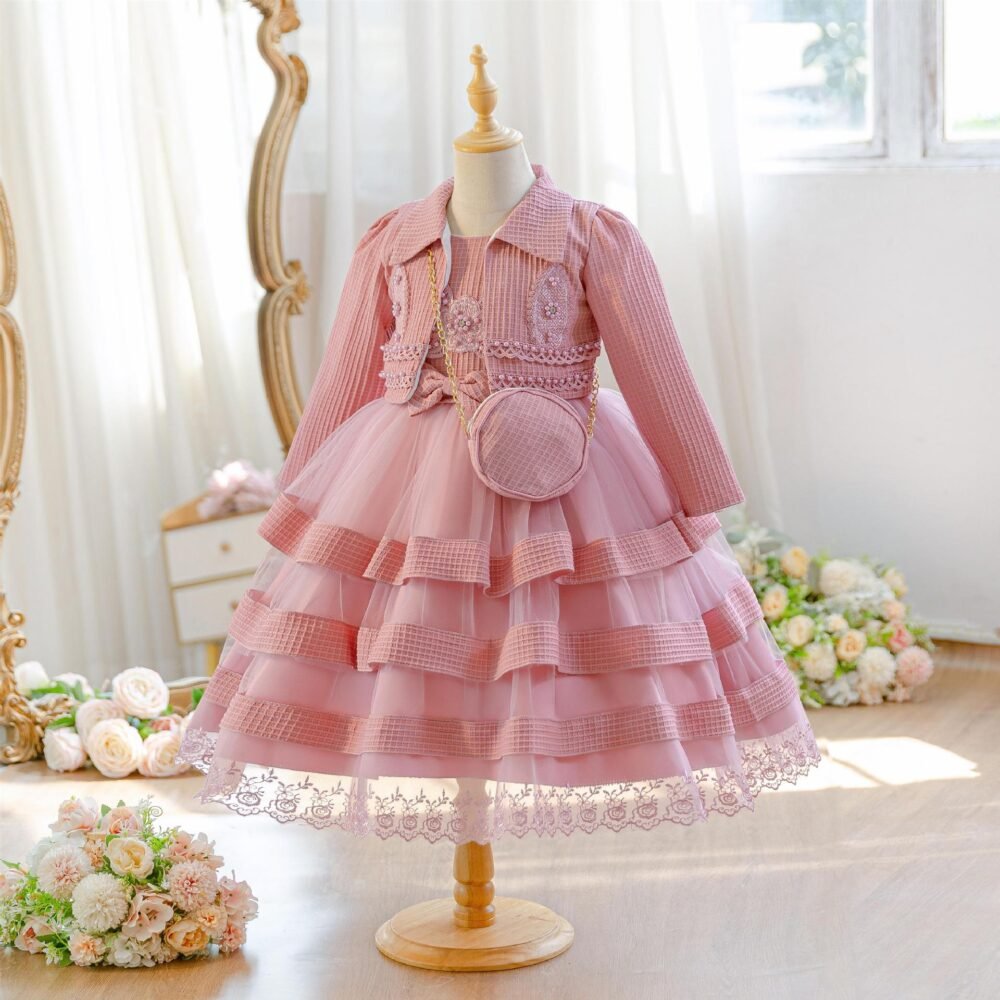 Wholesale Girls Tiered Layered Princess Dress 3 Piece Set Party Gown - Dusty Rose 3-Piece Set Front View