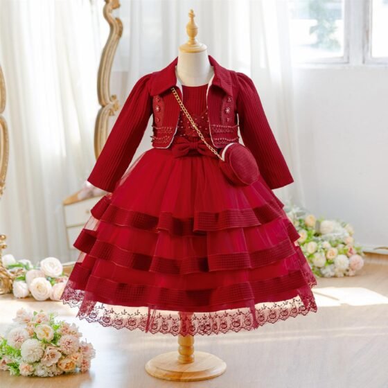 Wholesale Girls Tiered Layered Princess Dress 3 Piece Set Party Gown - Burgundy 3-Piece Set Display