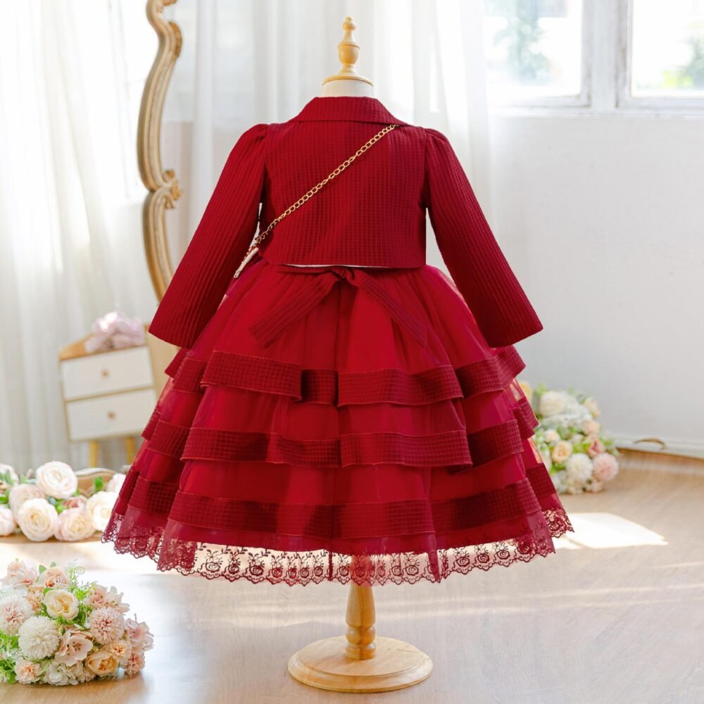 Wholesale Girls Tiered Layered Princess Dress 3 Piece Set Party Gown - Burgundy 3-Piece Set Back View
