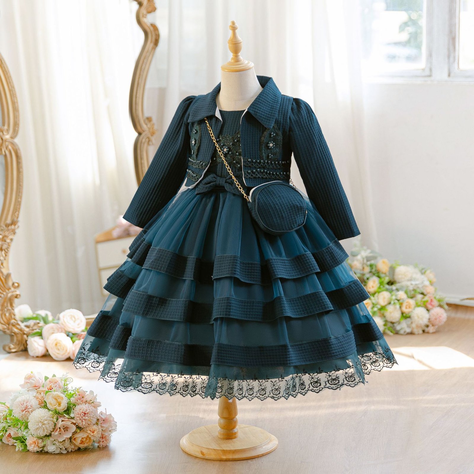 Wholesale Girls Tiered Layered Princess Dress 3 Piece Set Party Gown - Navy Blue 3-Piece Set Front View