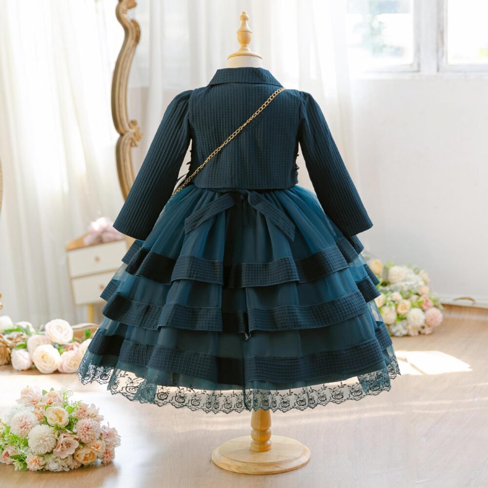 Wholesale Girls Tiered Layered Princess Dress 3 Piece Set Party Gown - Navy Blue 3-Piece Set Back View