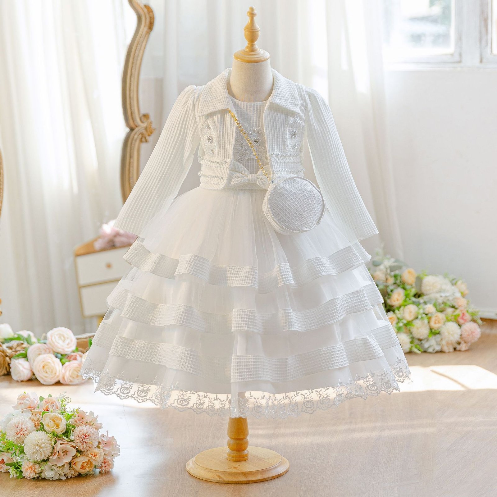 Wholesale Girls Tiered Layered Princess Dress 3 Piece Set Party Gown - White 3-Piece Set Display