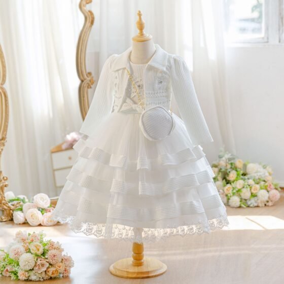 Wholesale Girls Tiered Layered Princess Dress 3 Piece Set Party Gown - White 3-Piece Set Front View