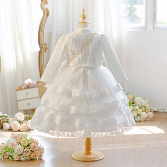 Wholesale Girls Tiered Layered Princess Dress 3 Piece Set Party Gown - White 3-Piece Set Back View