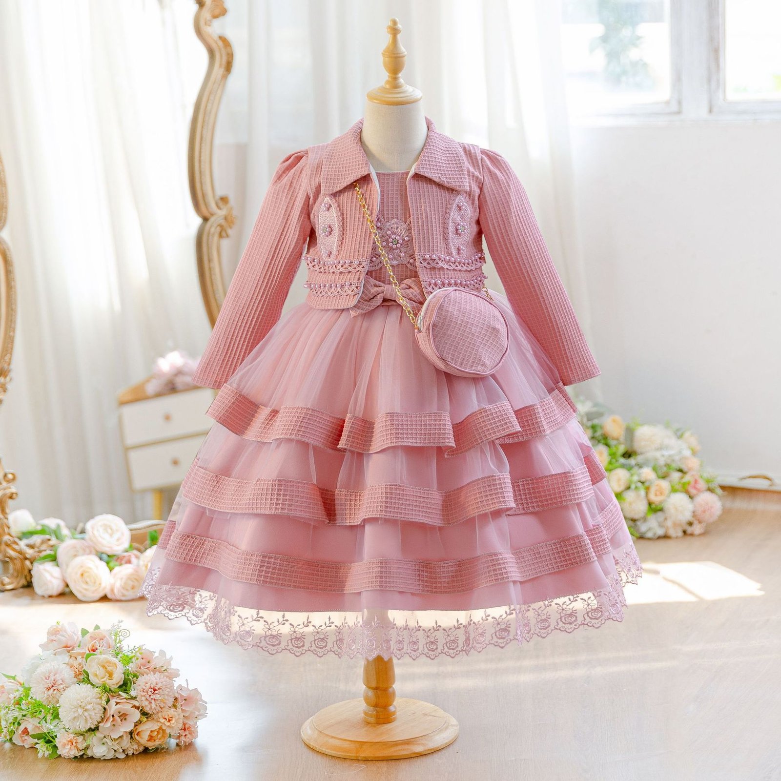 Wholesale Girls Tiered Layered Princess Dress 3 Piece Set Party Gown - Dusty Rose 3-Piece Set Display