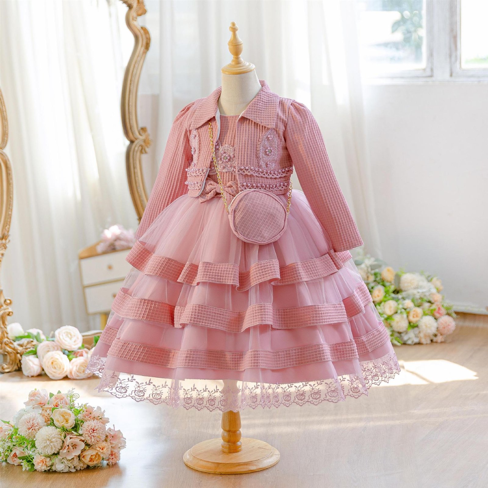 Wholesale Girls Tiered Layered Princess Dress 3 Piece Set Party Gown - Dusty Rose 3-Piece Set Front View