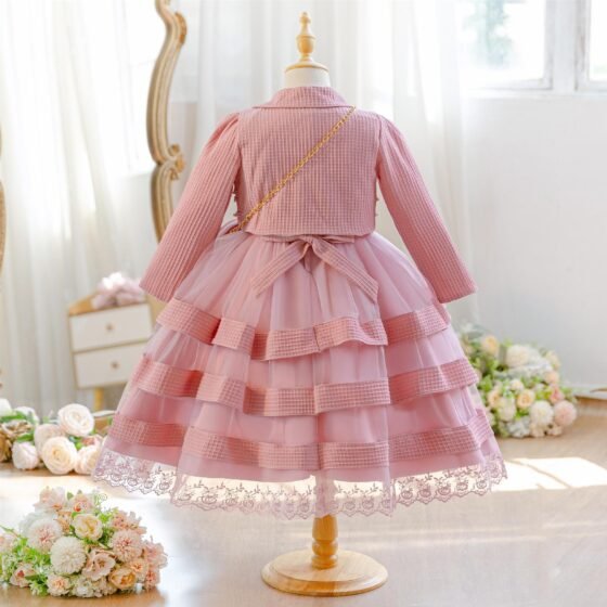 Wholesale Girls Tiered Layered Princess Dress 3 Piece Set Party Gown - Dusty Rose 3-Piece Set Back View
