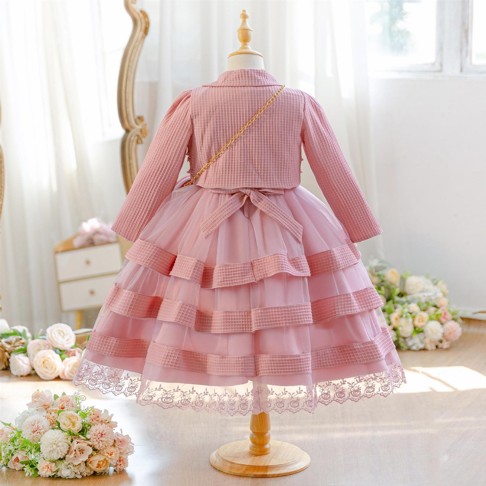 Wholesale Girls Tiered Layered Princess Dress 3 Piece Set Party Gown - Dusty Rose 3-Piece Set Back View