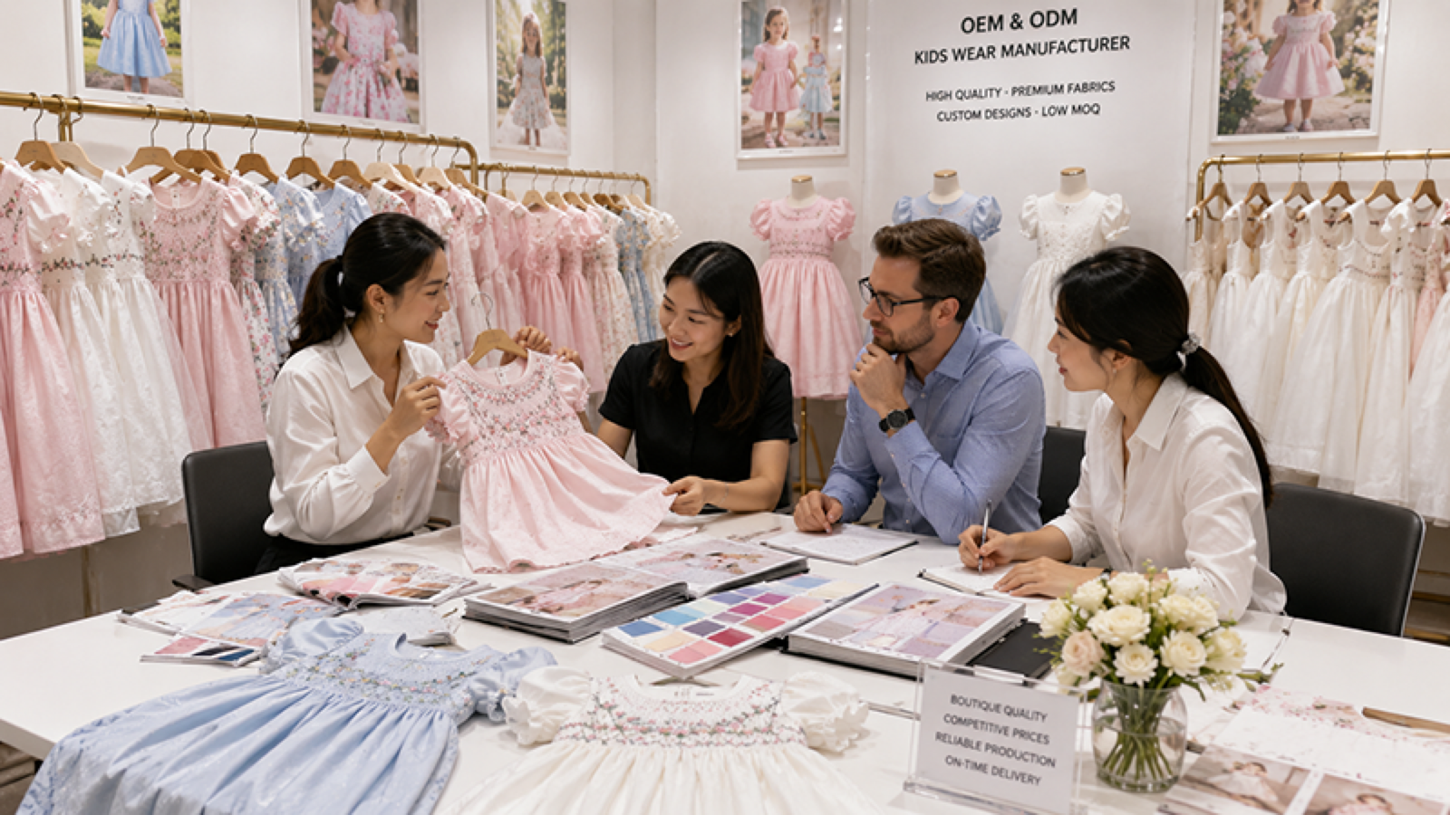 Wholesale buyer reviewing smocked girls dresses with a manufacturer