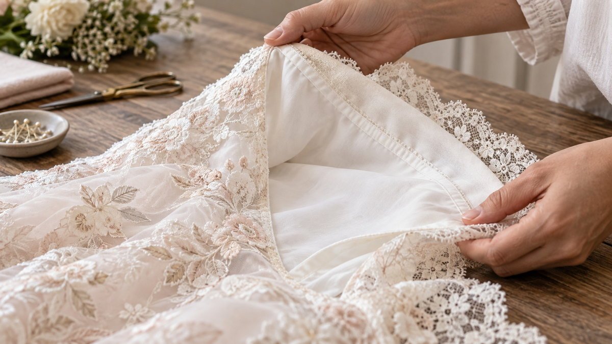Close-up of soft lining and lace construction on a baptism dress