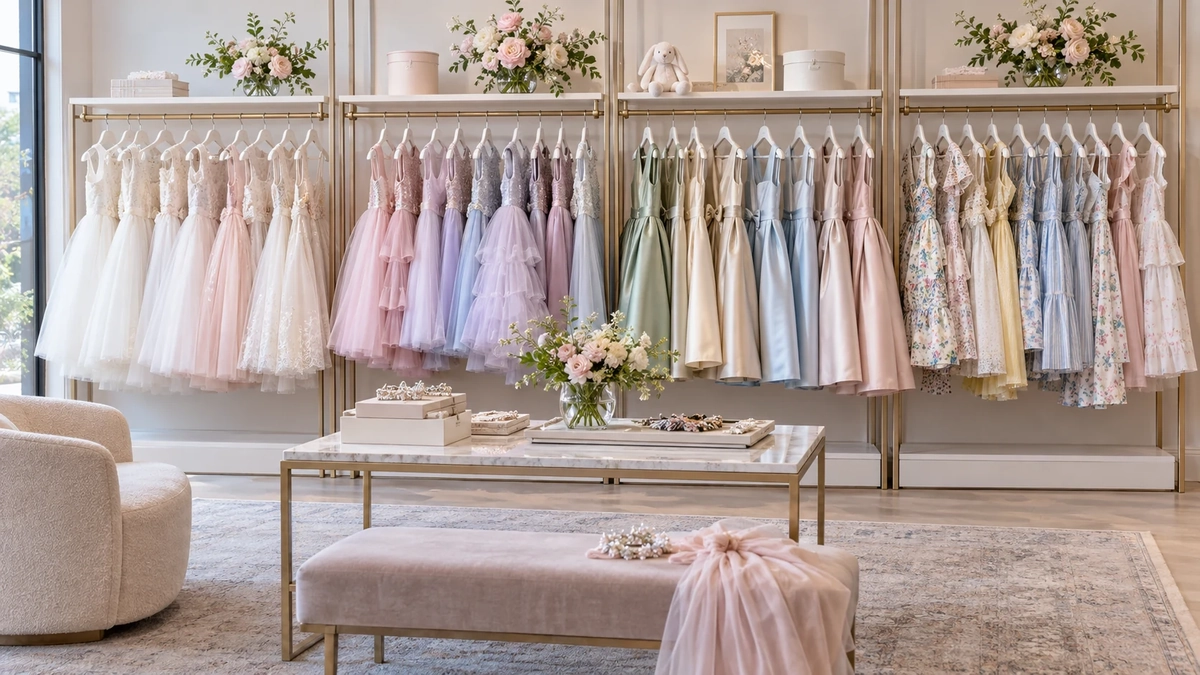 Boutique rack organized by girls dress category and color for a 2027 wholesale buy