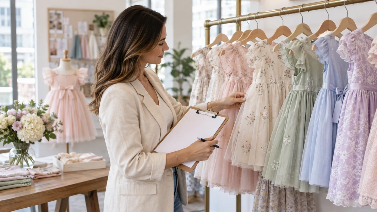 Boutique Dress Buying Scorecard Adult boutique buyer using a paper scorecard while comparing girls dresses on a rack