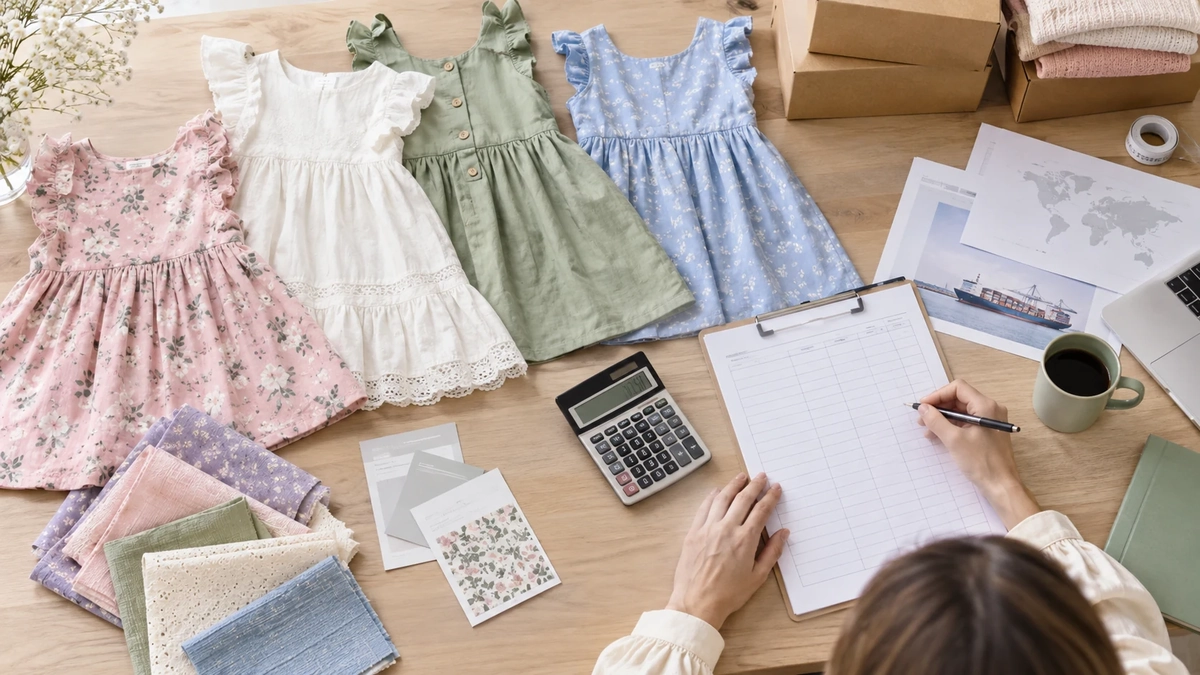 Girls dress samples beside a calculator, freight documents and a blank cost worksheet