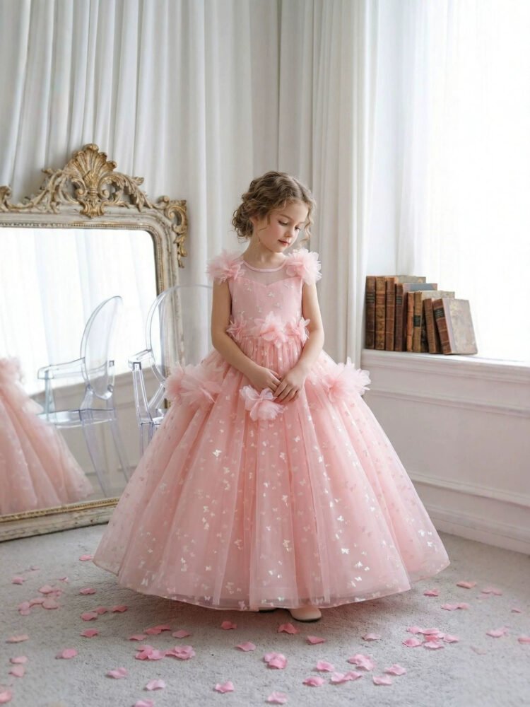 Girls butterfly sequin princess gown in blush pink - alternate front view