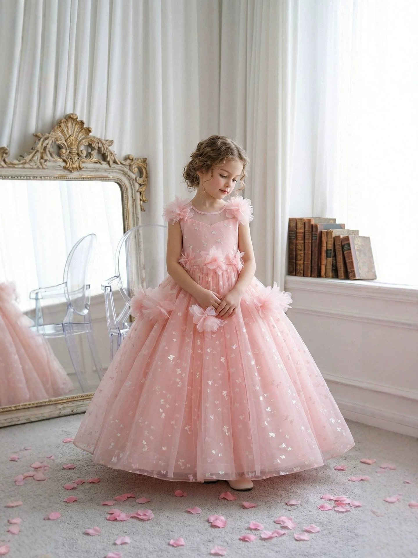 Girls butterfly sequin princess gown in blush pink - alternate front view