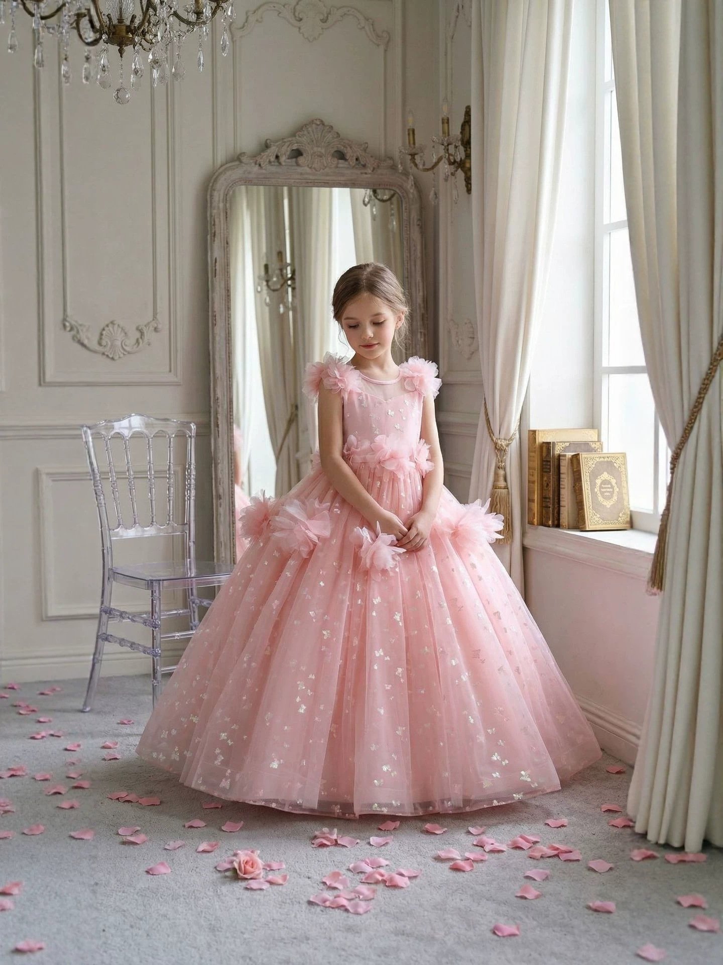 Girls butterfly sequin princess gown in blush pink - front view