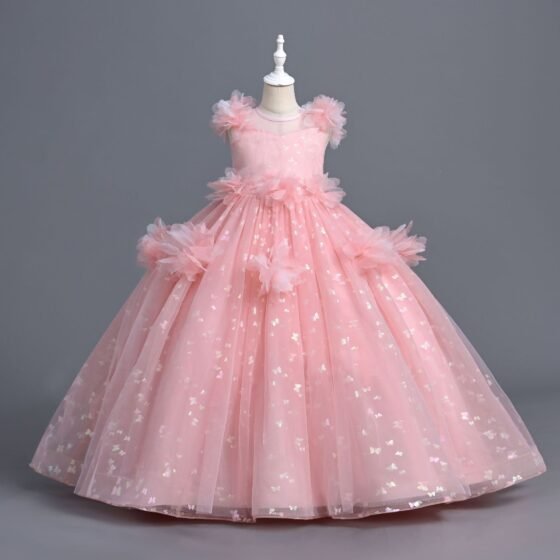 Girls butterfly sequin princess gown in blush pink