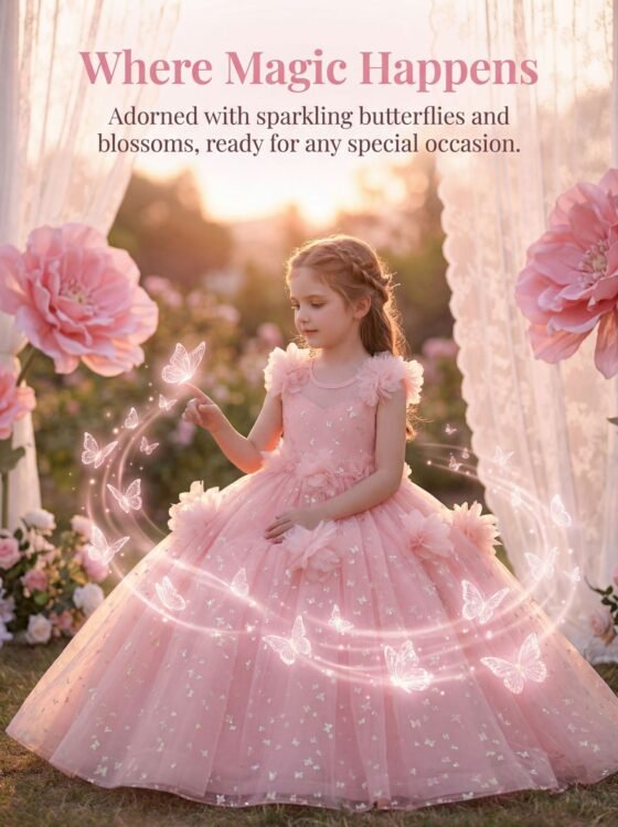 Girls butterfly sequin princess gown - 3D flowers and sparkle butterflies