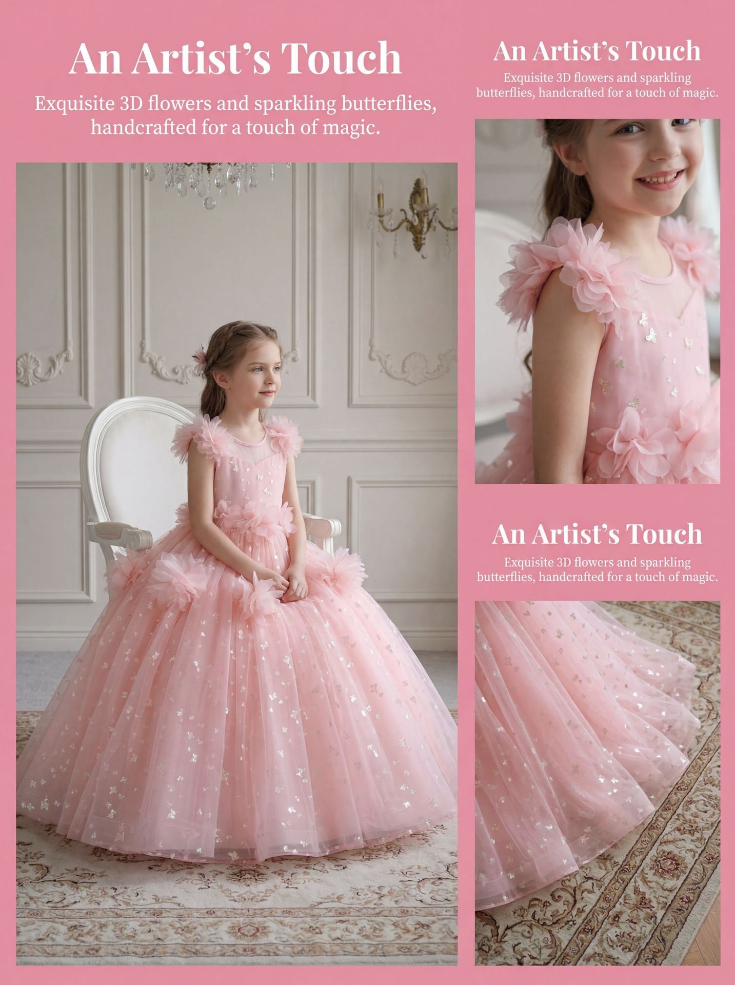 Girls butterfly sequin princess gown - butterfly shoulder detail close-up