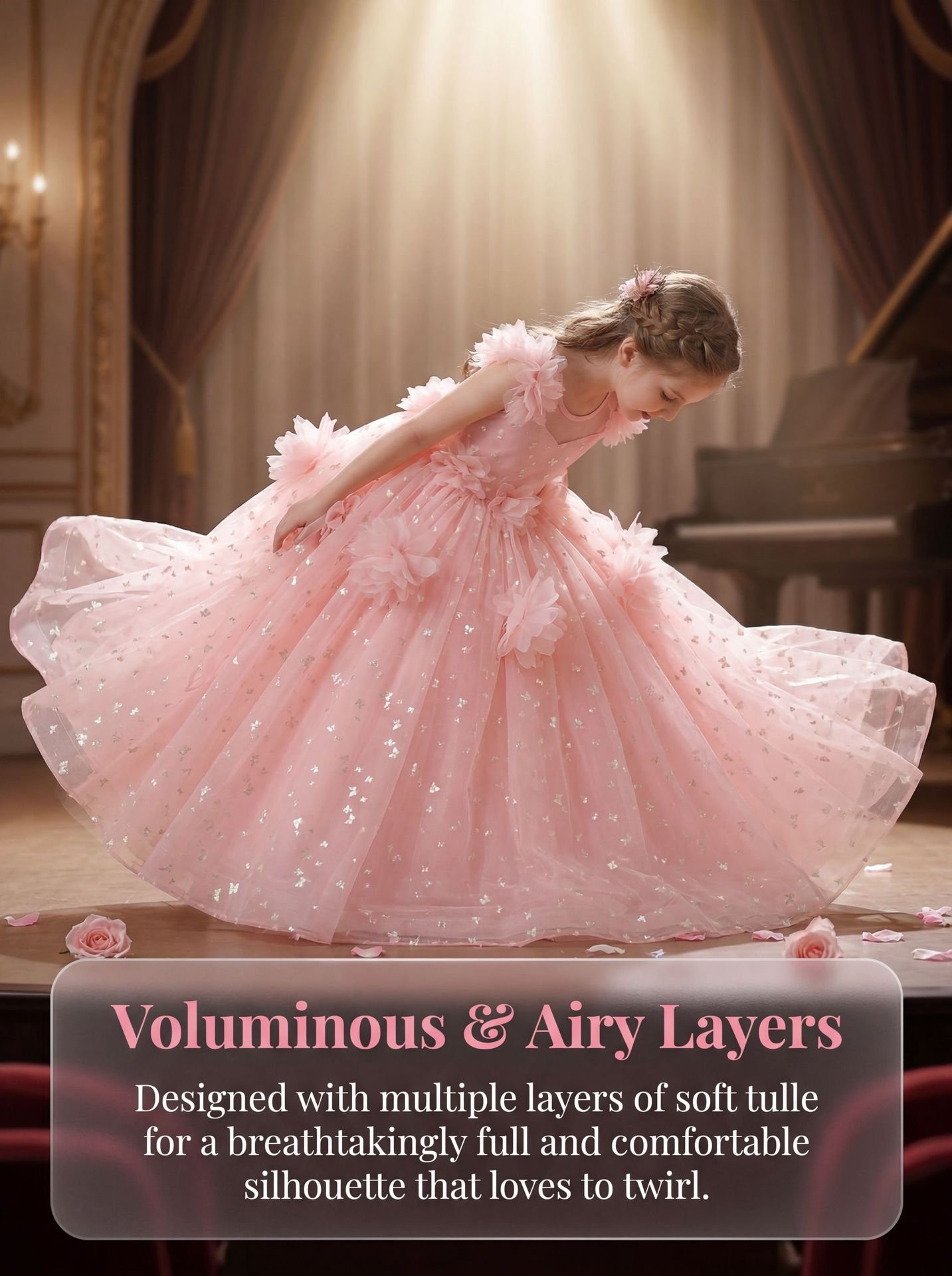 Girls butterfly sequin princess gown - voluminous airy tulle layers