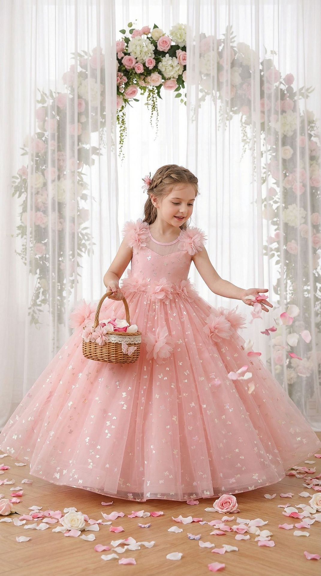Girls butterfly sequin princess gown in blush pink - lifestyle with basket