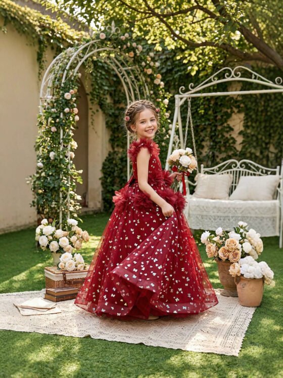 Girls butterfly sequin princess gown in red - full length side view