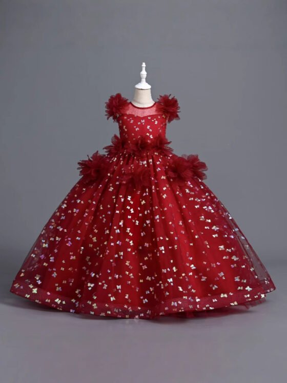Girls butterfly sequin princess gown in red - front mannequin view