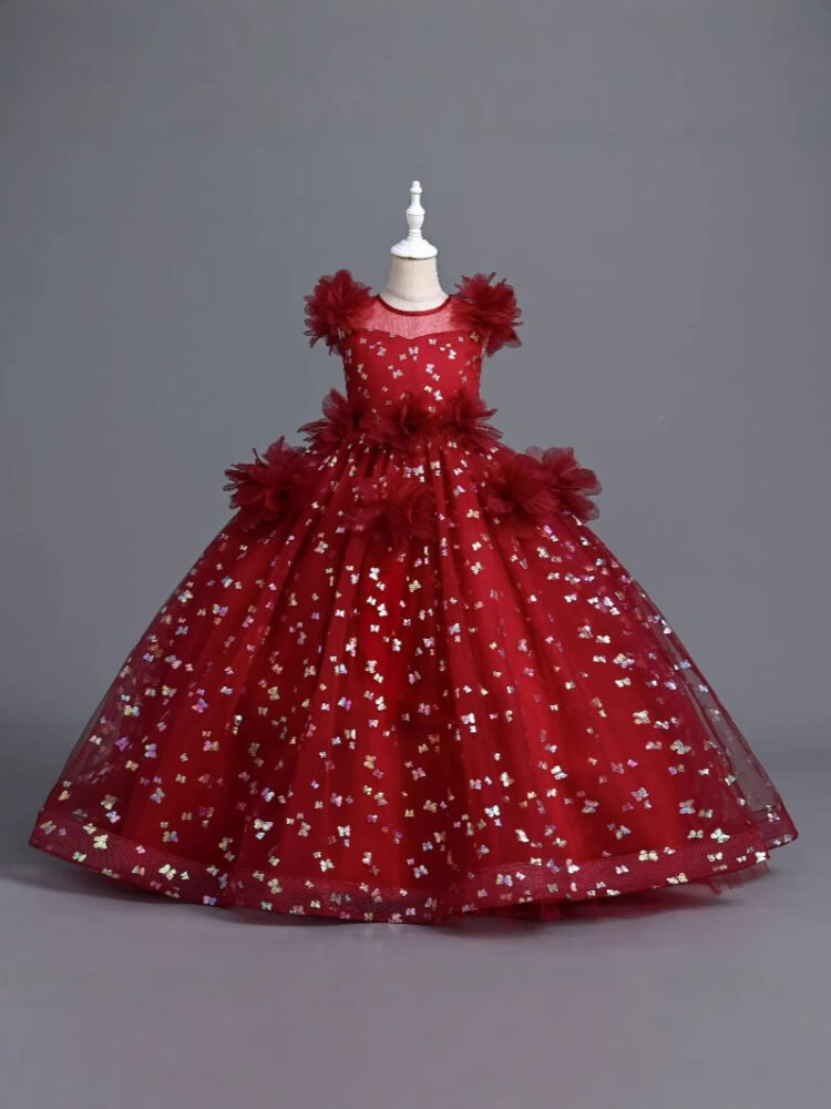 Girls butterfly sequin princess gown in red - front mannequin view