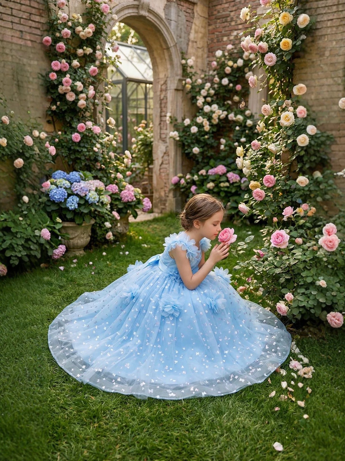 Girls butterfly sequin princess gown in sky blue - full length side view