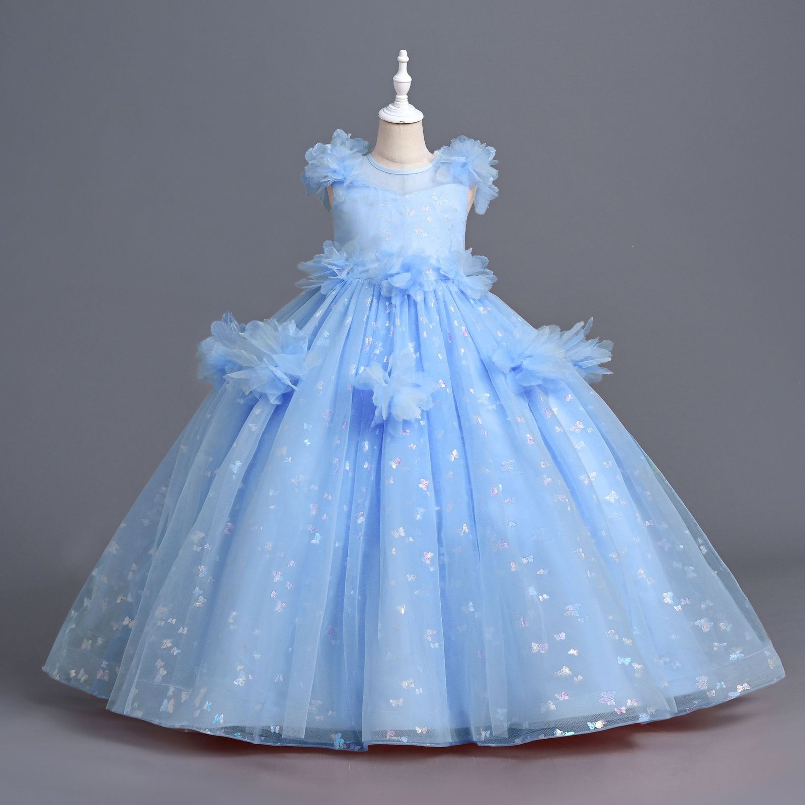 Girls butterfly sequin princess gown in sky blue