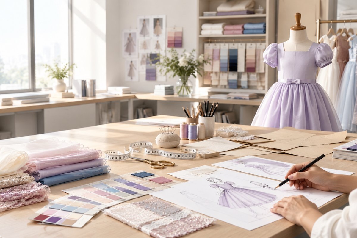 Girls Dress Development Workspace Buyer desk with girls dress sketches, fabric swatches and measuring tools