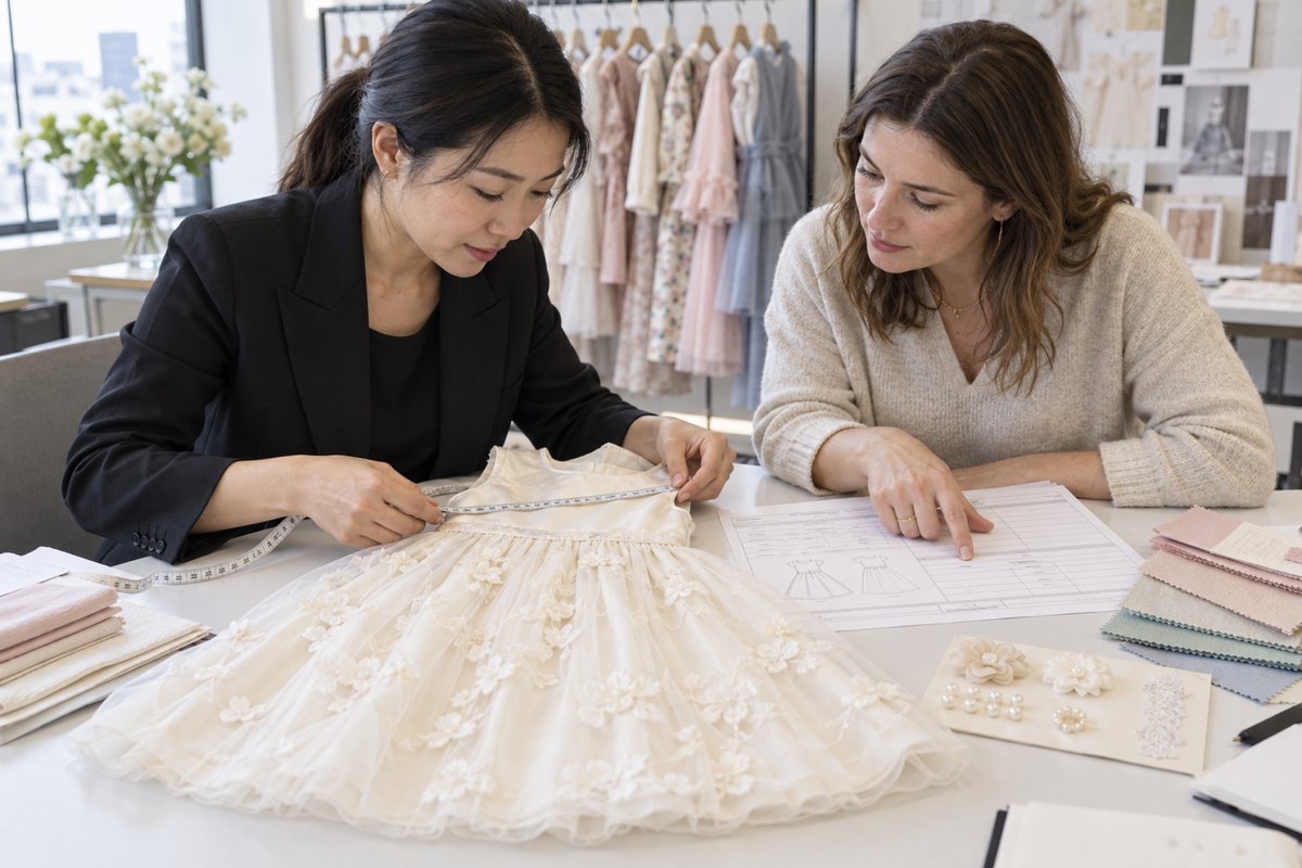 Buyer and Factory Sample Review Garment professionals reviewing a girls dress sample with measurement tools