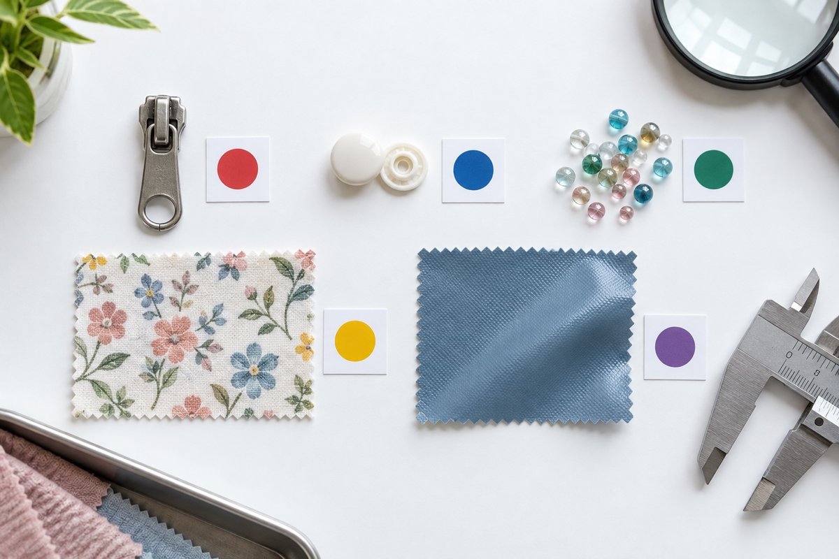 Children's Dress Component Risk Review Zipper pull, snap, beads and fabric samples arranged for component review
