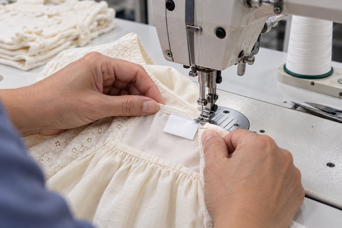 Children's Dress Label Sewing Process Blank care label being sewn into the inside seam of a children's dress at a machine