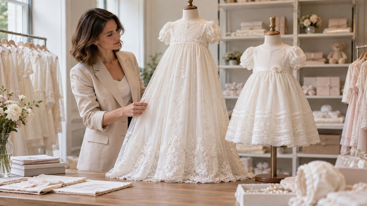 Boutique buyer comparing gown and tea-length christening dress styles