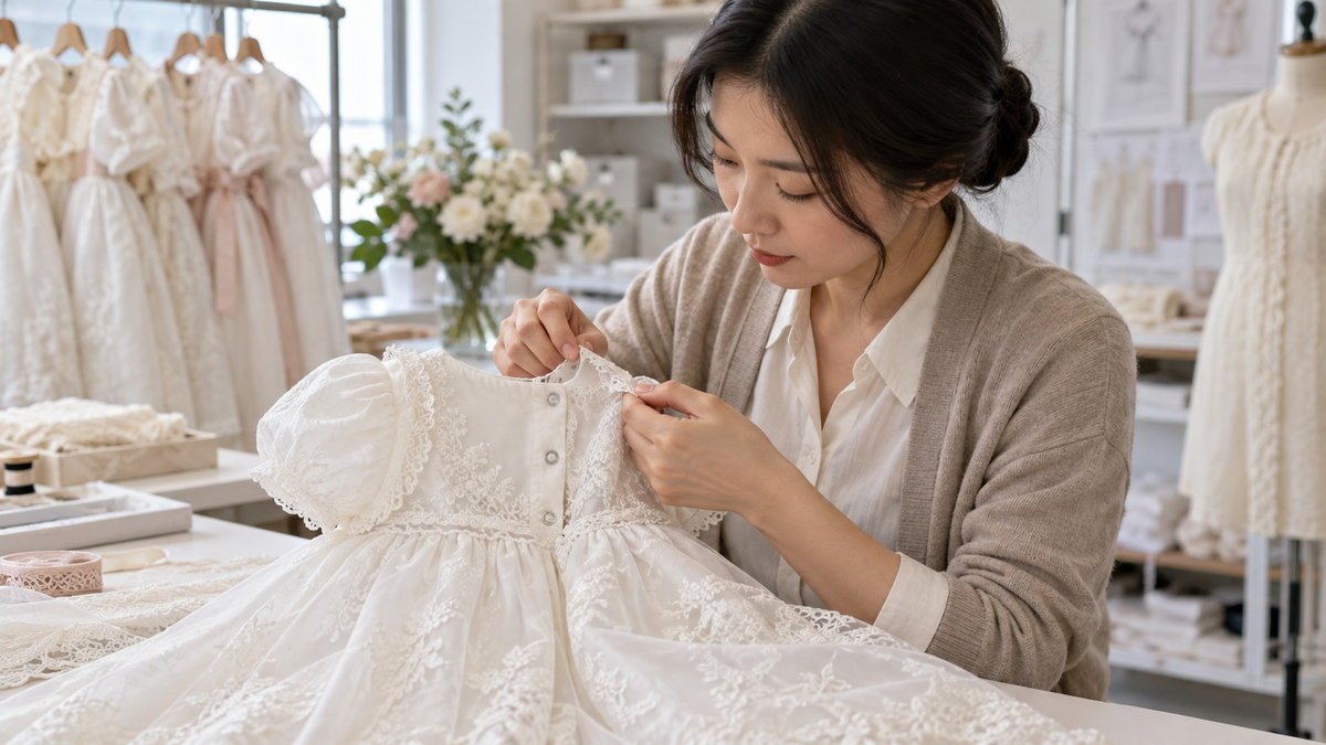 Adult East Asian specialist inspecting closures and trim on a christening dress