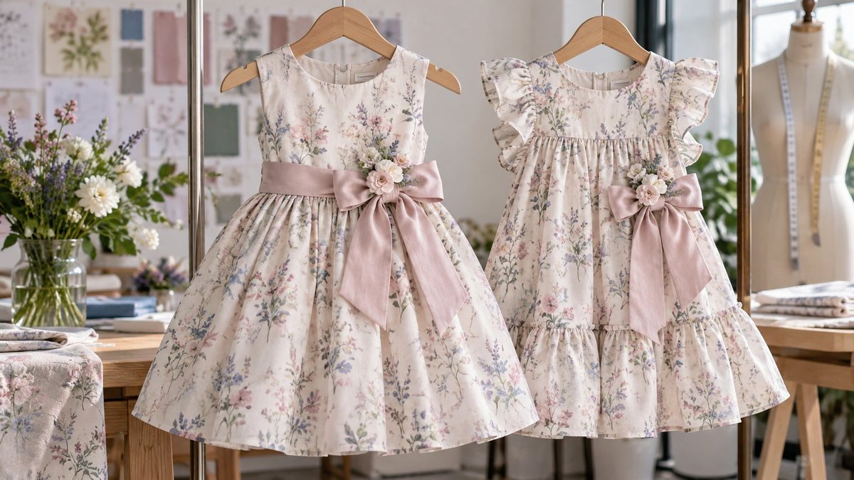 Coordinated Sibling Dress Details Shared fabric, bow and floral details across coordinated sibling dresses
