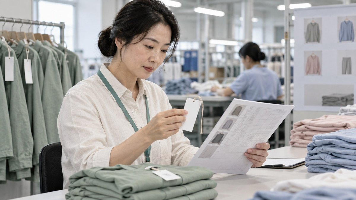 Adult East Asian garment professional matching a tracking label code to production records